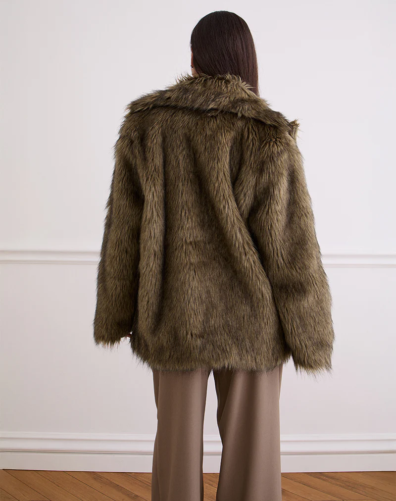 Lupita Jacket in Faux Long Fur Brown