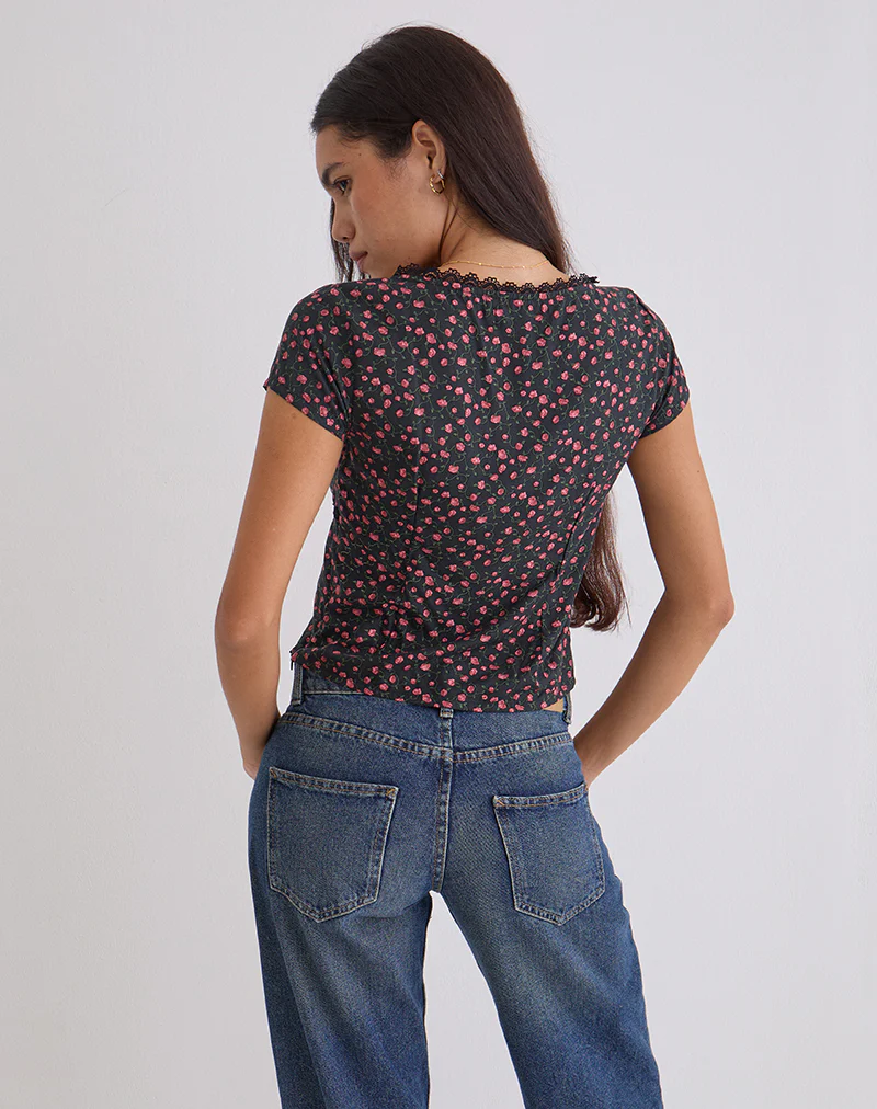 Asani Top in Dark Pink Rose Black