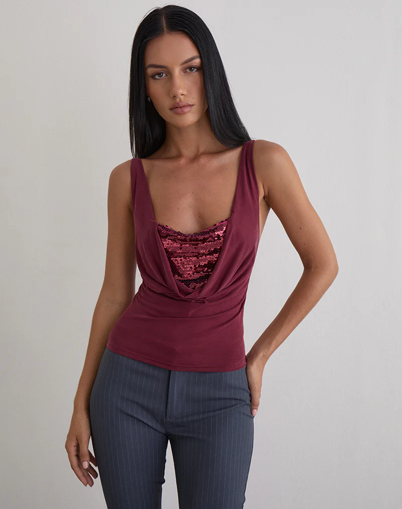 Janice Top in Sequin Jersey Burgundy