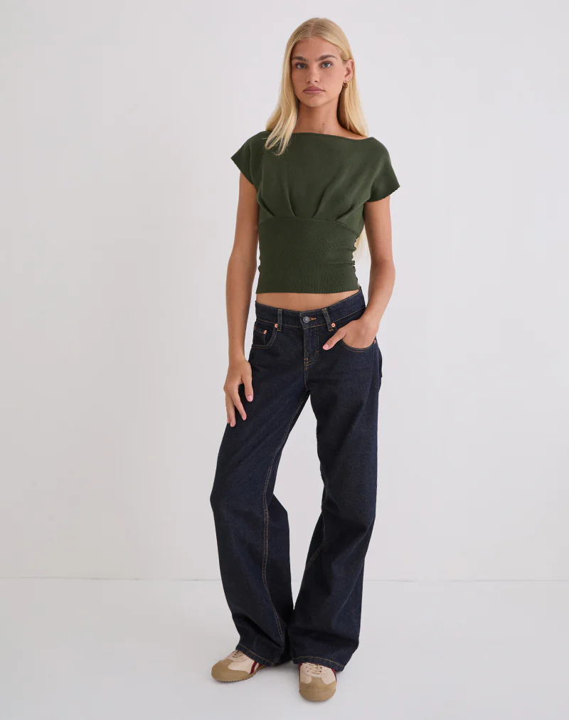 Elin Top in Knit Khaki with Pearl Buttons