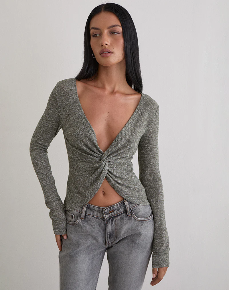 Zoril Twist Top in Glitter Knit Khaki