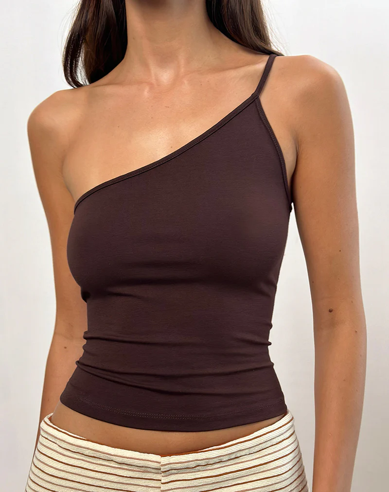 Vey One Shoulder Basic Top in Bitter Chocolate