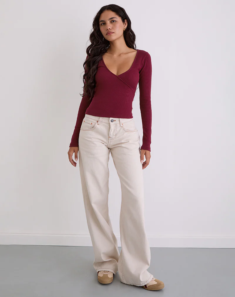 Dulcet Ribbed Plunge Long Sleeve Top in Burgundy