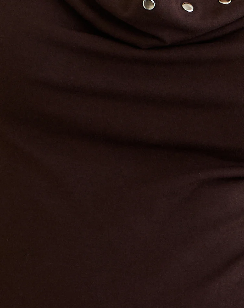 Scanio Long Sleeve Cowl Top with Studs in Bitter Chocolate