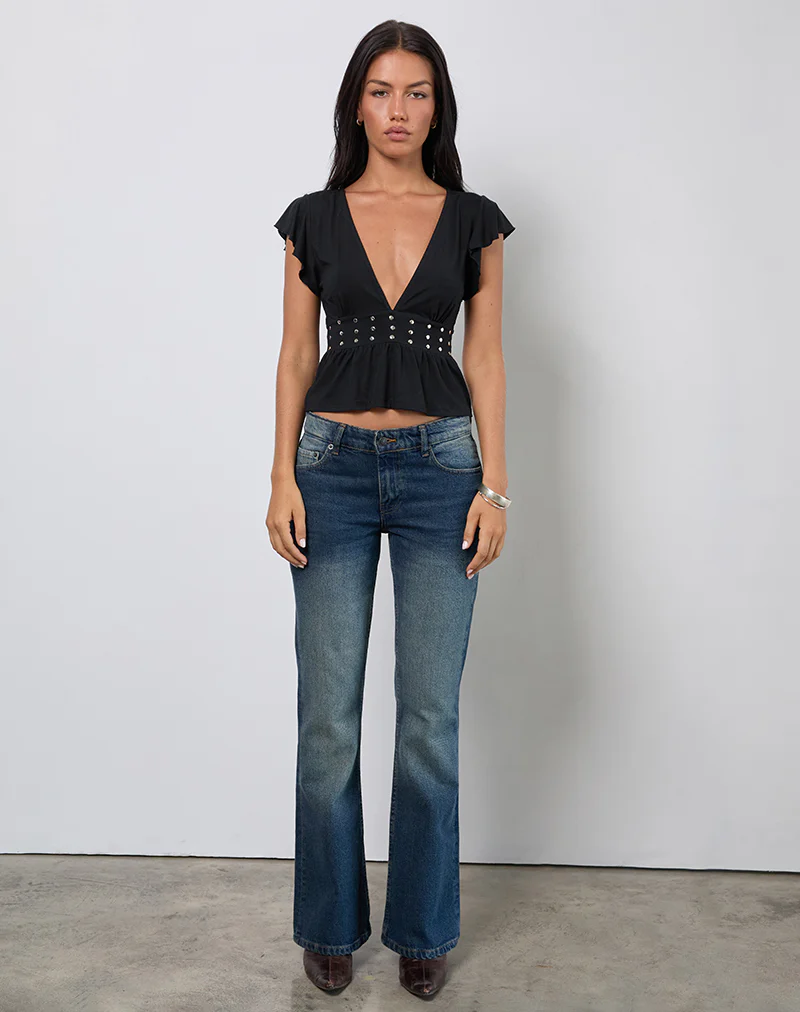 Leisma Frill Top in Jersey Black with Studs