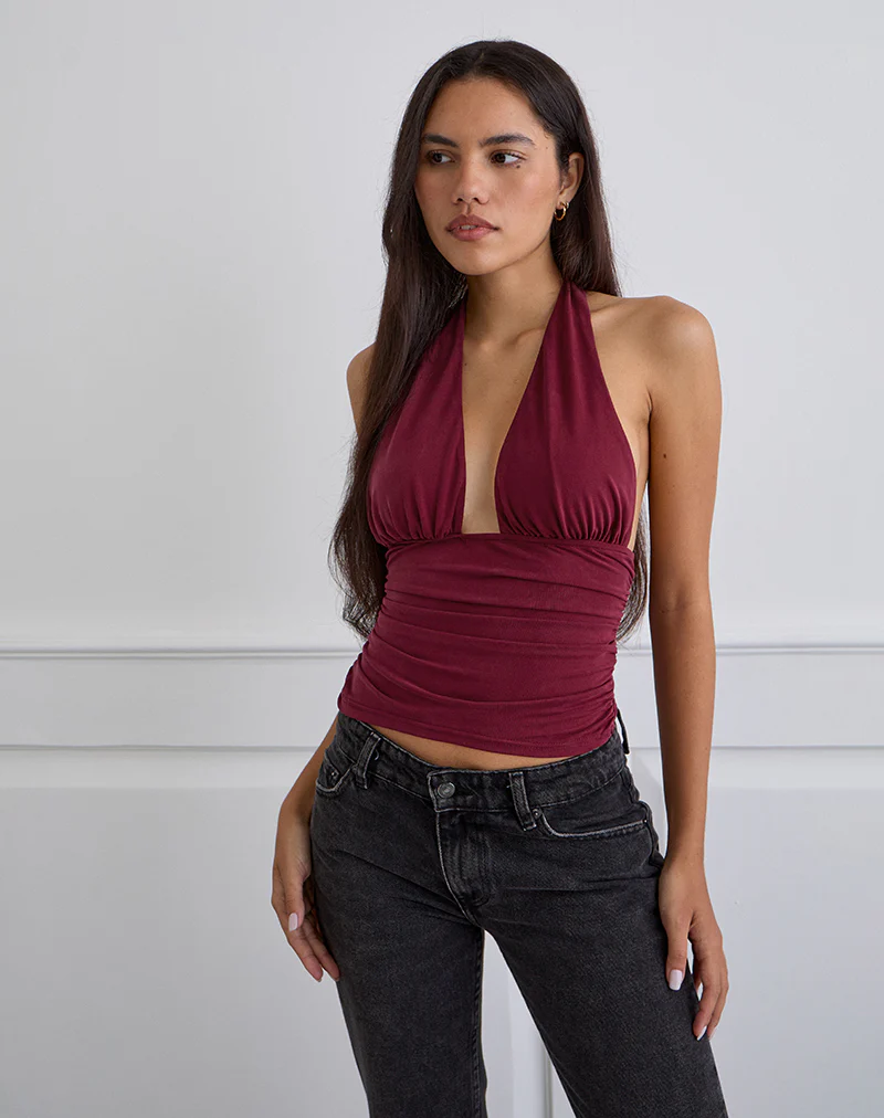 Cosimo Halterneck Top in Cupro Dark Red