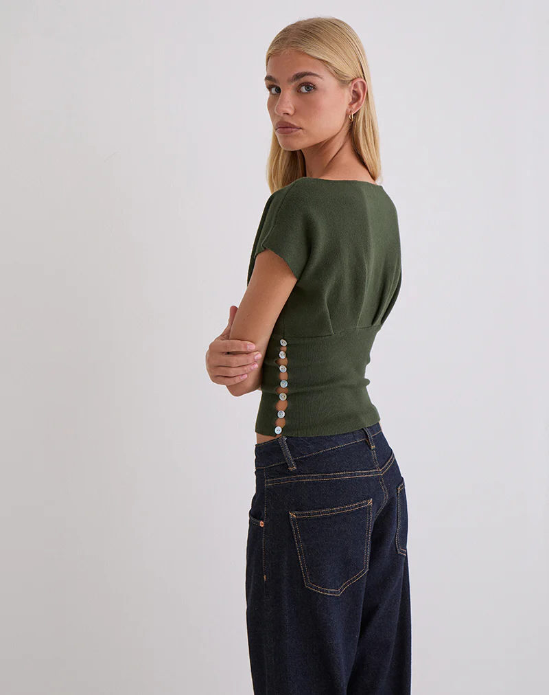 Elin Top in Knit Khaki with Pearl Buttons