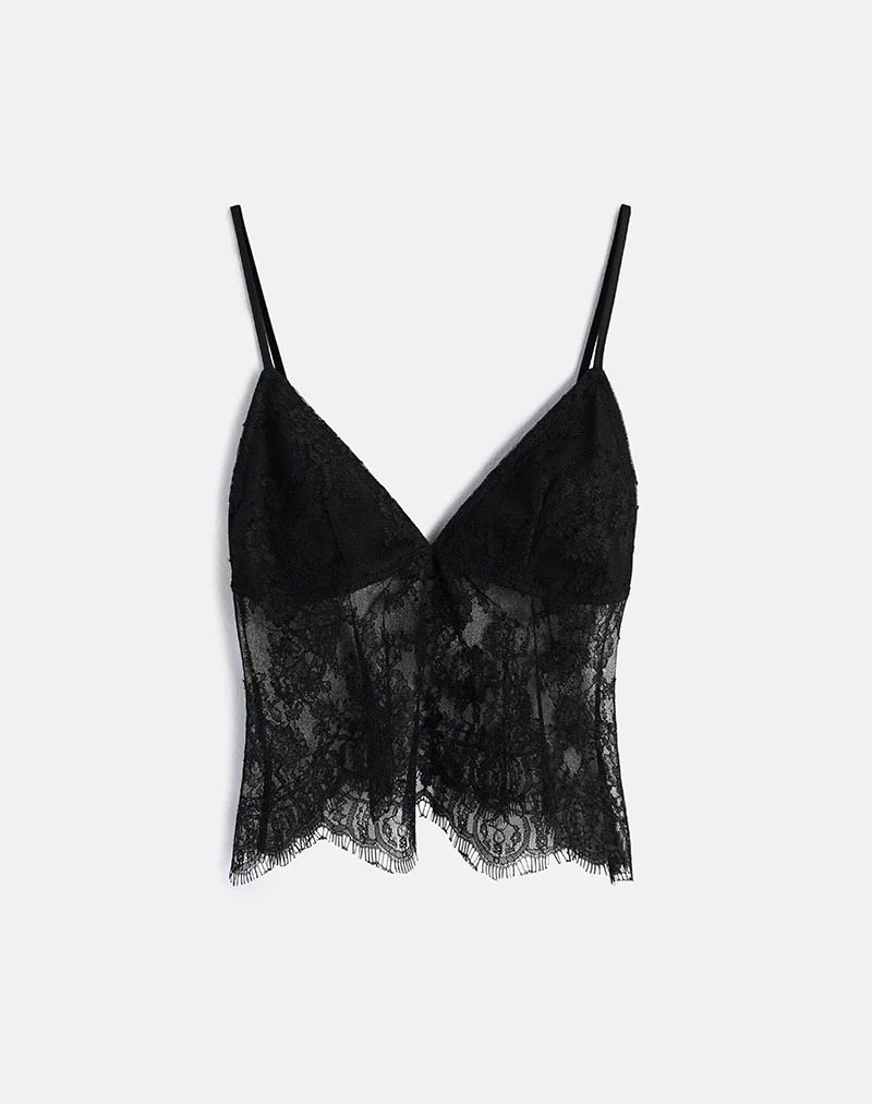 Kaika Plunge Cami Top in Eyelash Lace Black