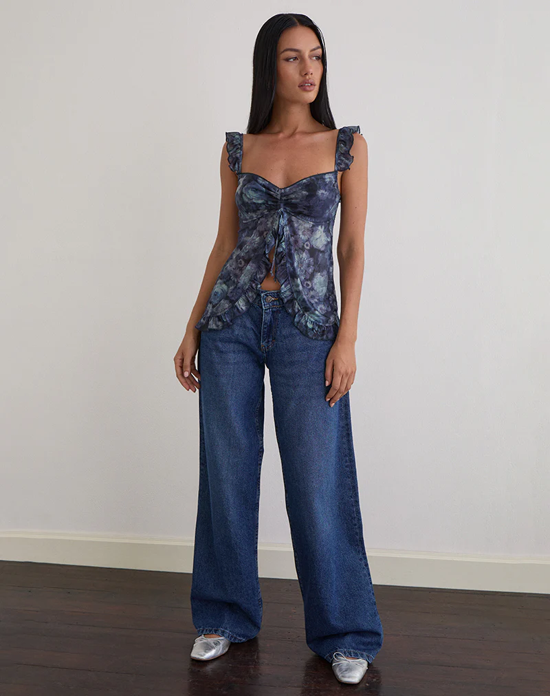 Jibola Top in Mesh Arty Flowers Dark Blue