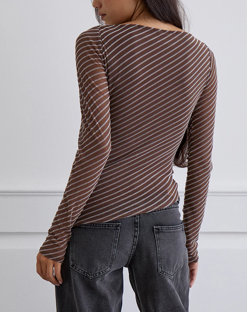 Lakya Long Sleeve Top in Diagonal Stripe Flocked Brown and Cream