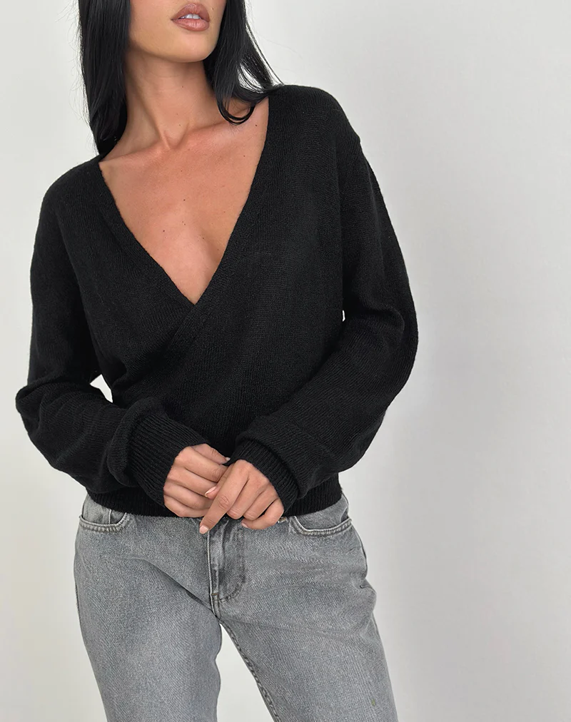 Saroya Plunge Wrap Top in Knit Black