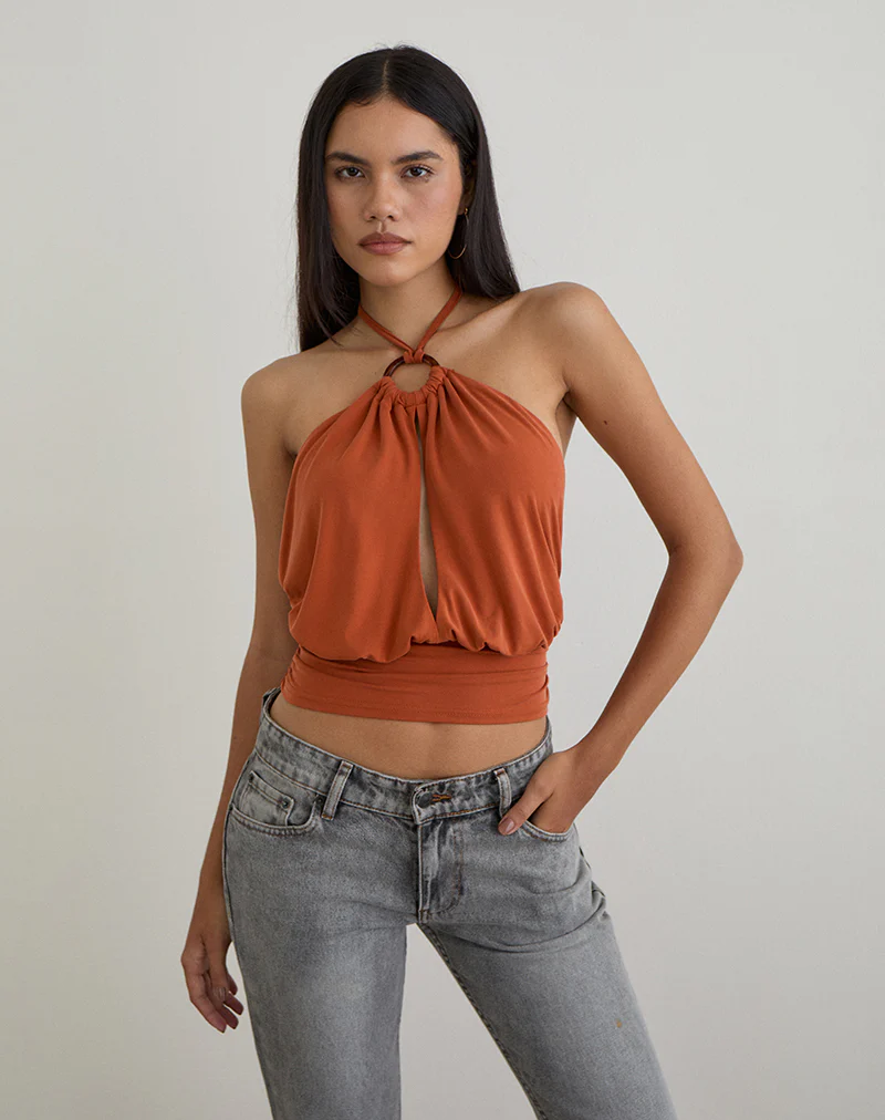 Karise Plunge Top in Cupro Burnt Orange