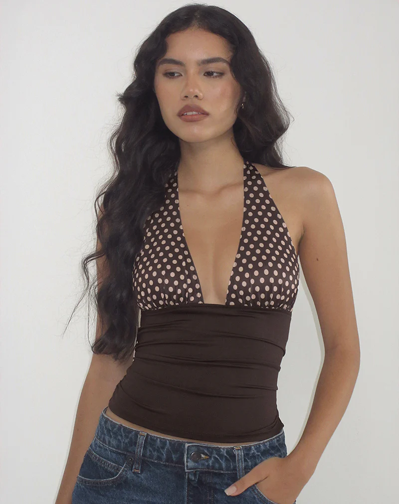 Cosimo Halterneck Top in Polka Bitter Chocolate