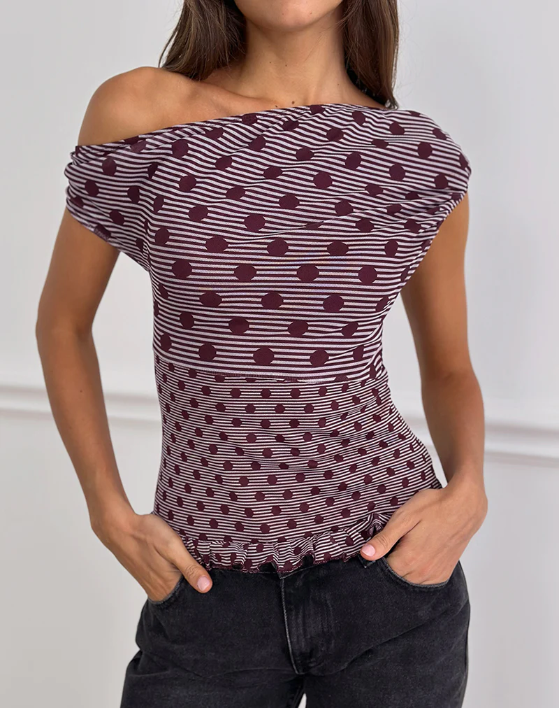Tarya Asymmetric Top in Stripe Polka Plum