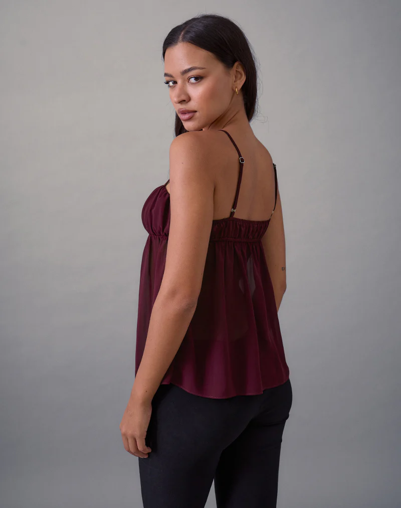 Camden Cami Top in Satin Chiffon Burgundy