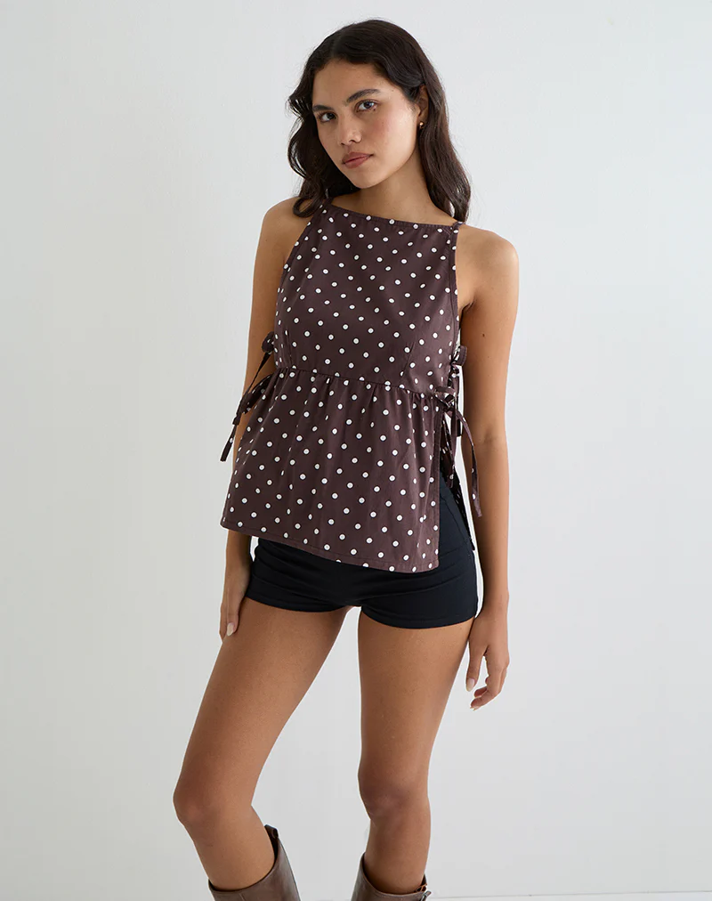 Palsi Tie Side Top in Brown with Medium Polka White