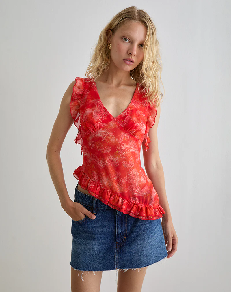 Iravela Asym Top in Paisley Chiffon Red