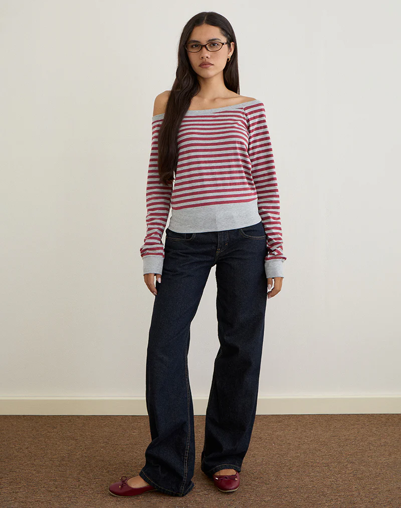 Yacin Slouchy Top in Grey and Burgundy Stripe