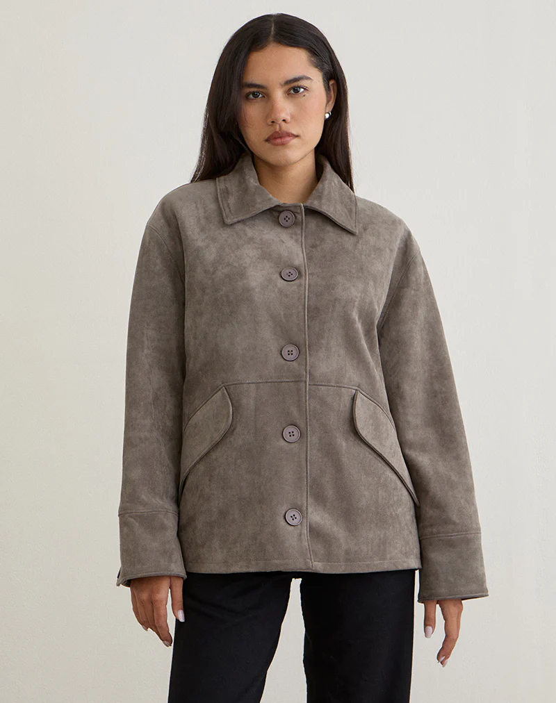 Orson Jacket in Faux Suede Olive Grey