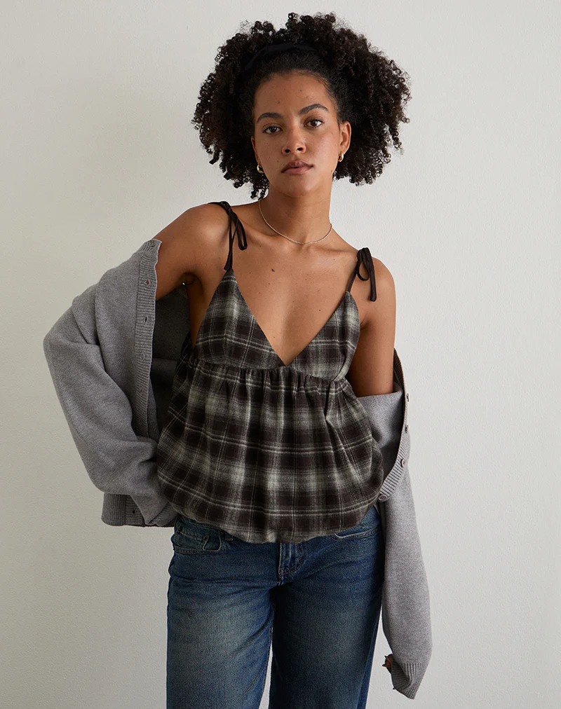 Kaoru Triangle Bust Cami Top in Grey Check