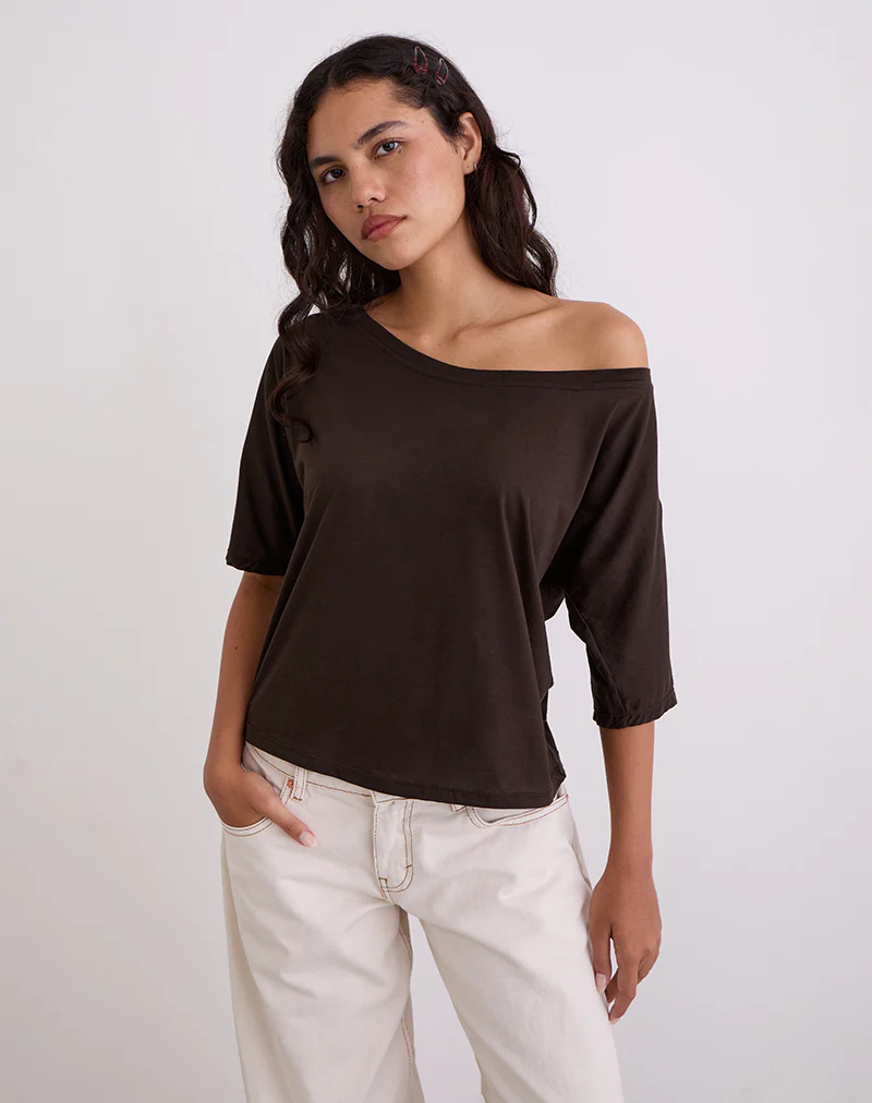 Daman Off Shoulder Basic Top in Chocolate Brown