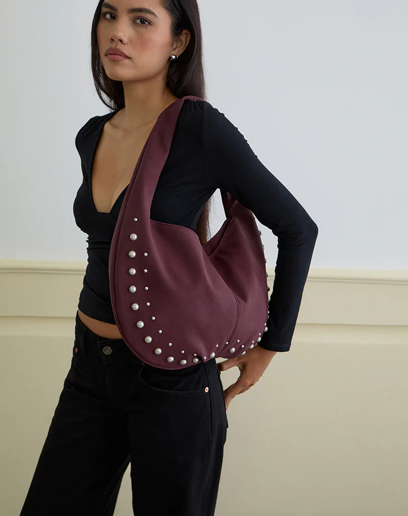 Studded Slouch Bag in Burgundy