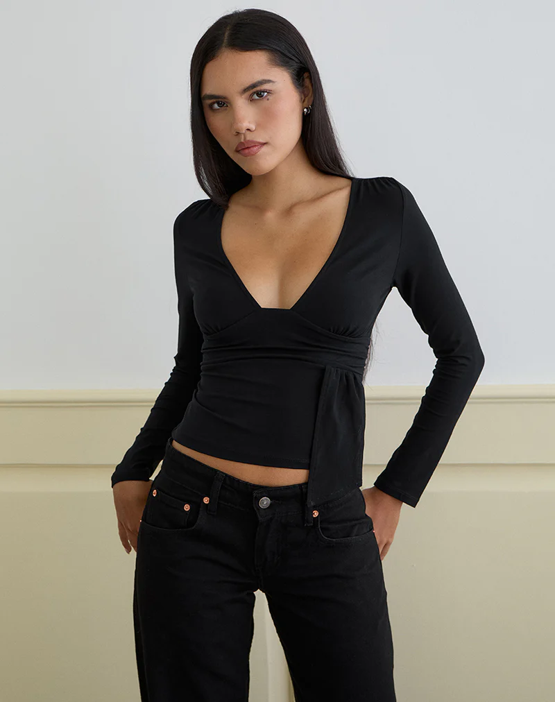 Levard Long Sleeve Top with Drape in Jersey Black