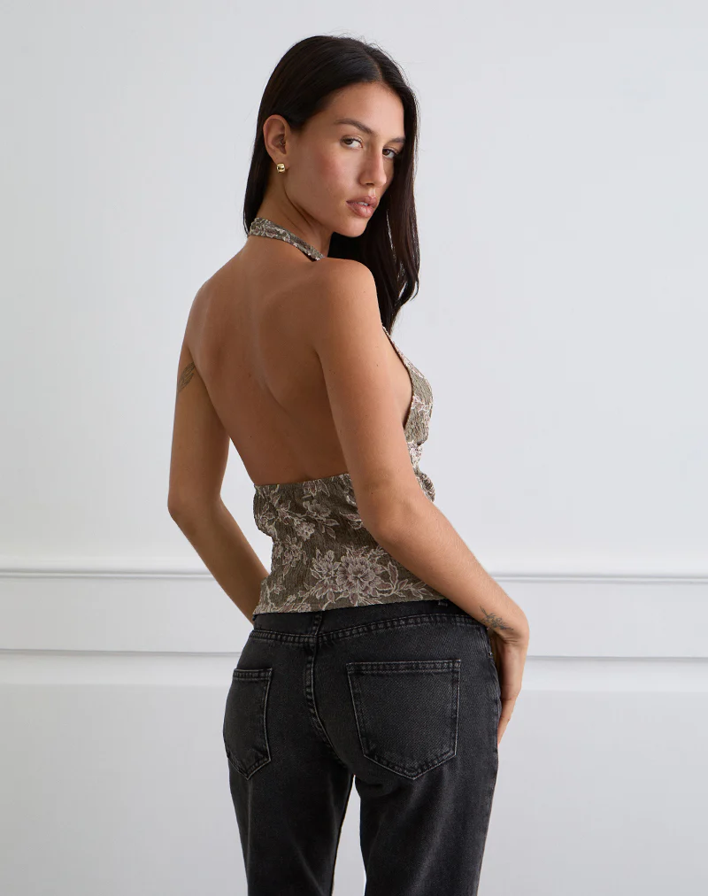 Mabli Halterneck Top in Textured Woven Floral Green