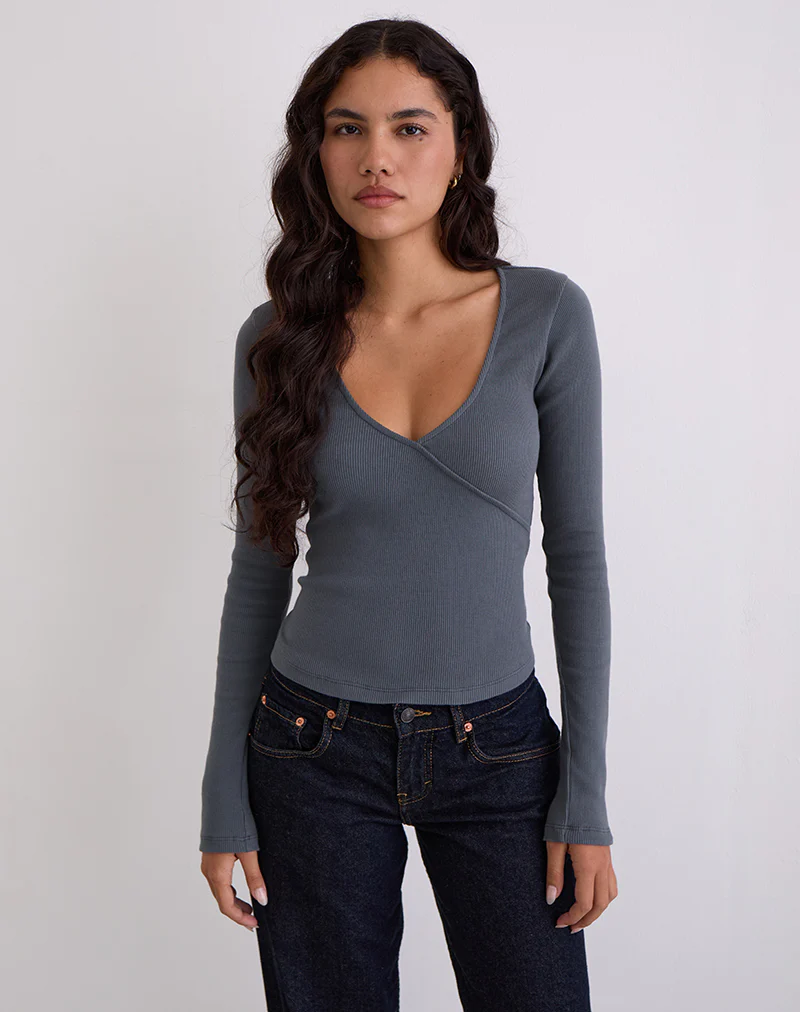 Dulcet Ribbed Plunge Long Sleeve Top in Blue Granite