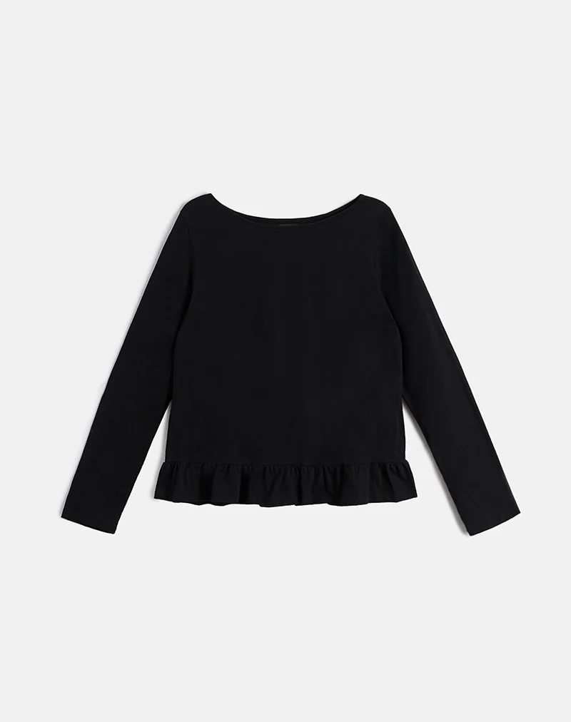 Vivala Boxy Long Sleeve Top in Black with Frill Hem
