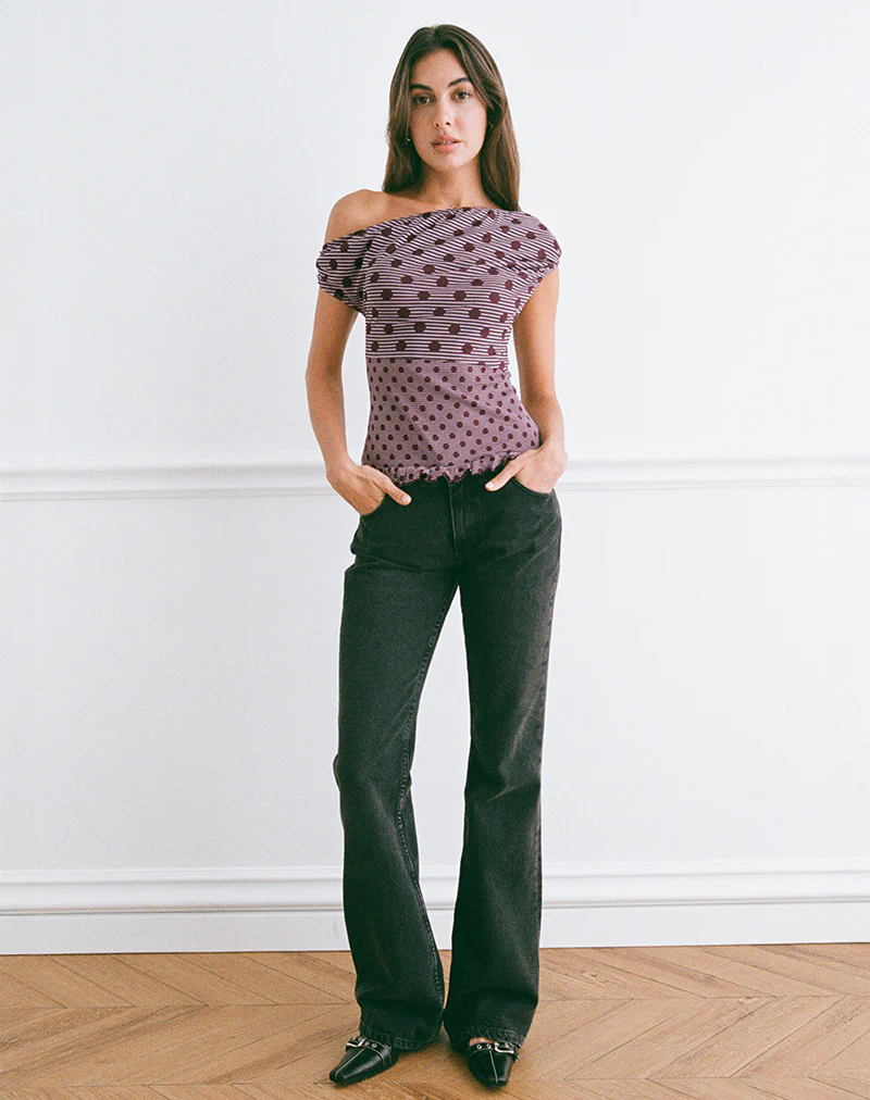 Tarya Asymmetric Top in Stripe Polka Plum