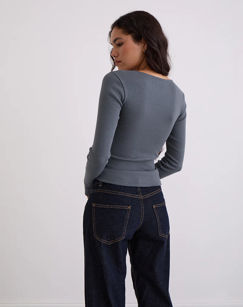 Dulcet Ribbed Plunge Long Sleeve Top in Blue Granite