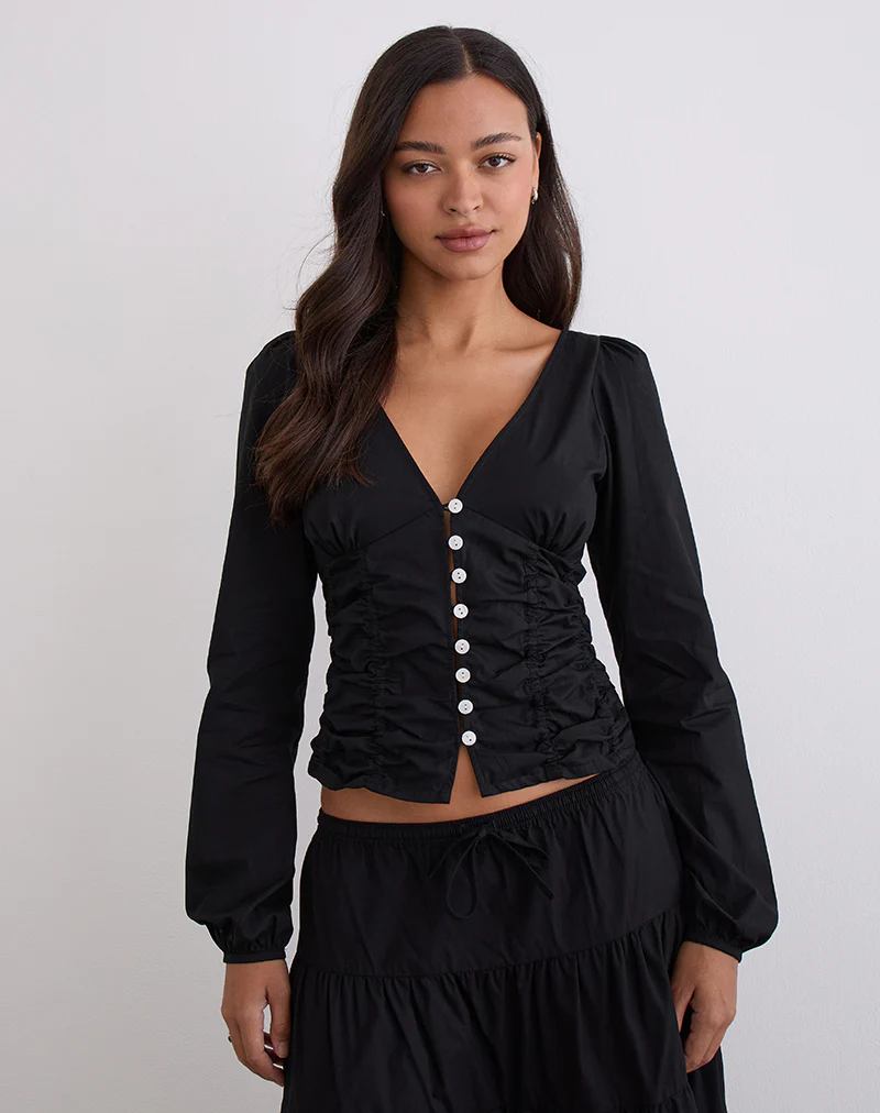 Kadek Fitted Plunge Blouse in Poplin Black