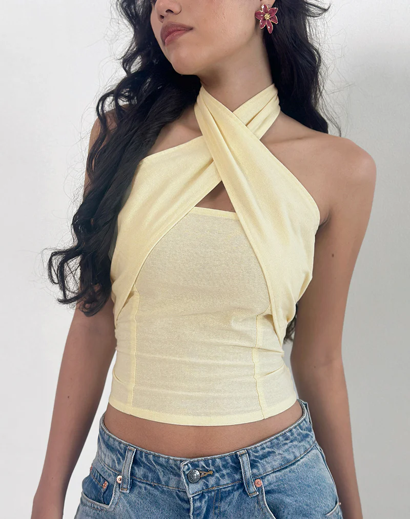 Lasy Linen Wrap Halterneck Top in Lemon