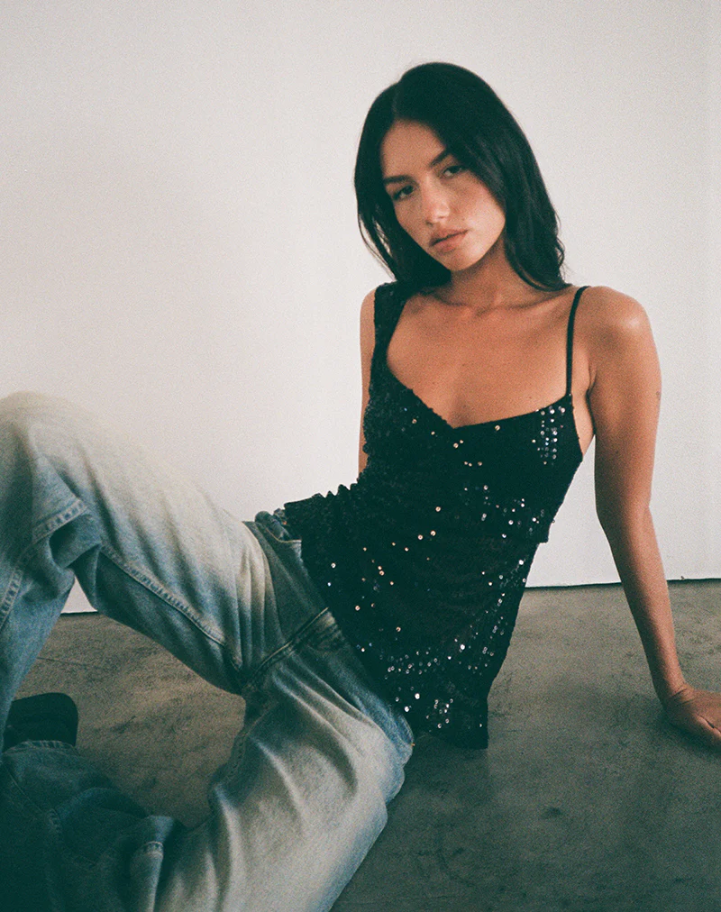 Iranila Asymmetric Top in Gauzy Sequin Black