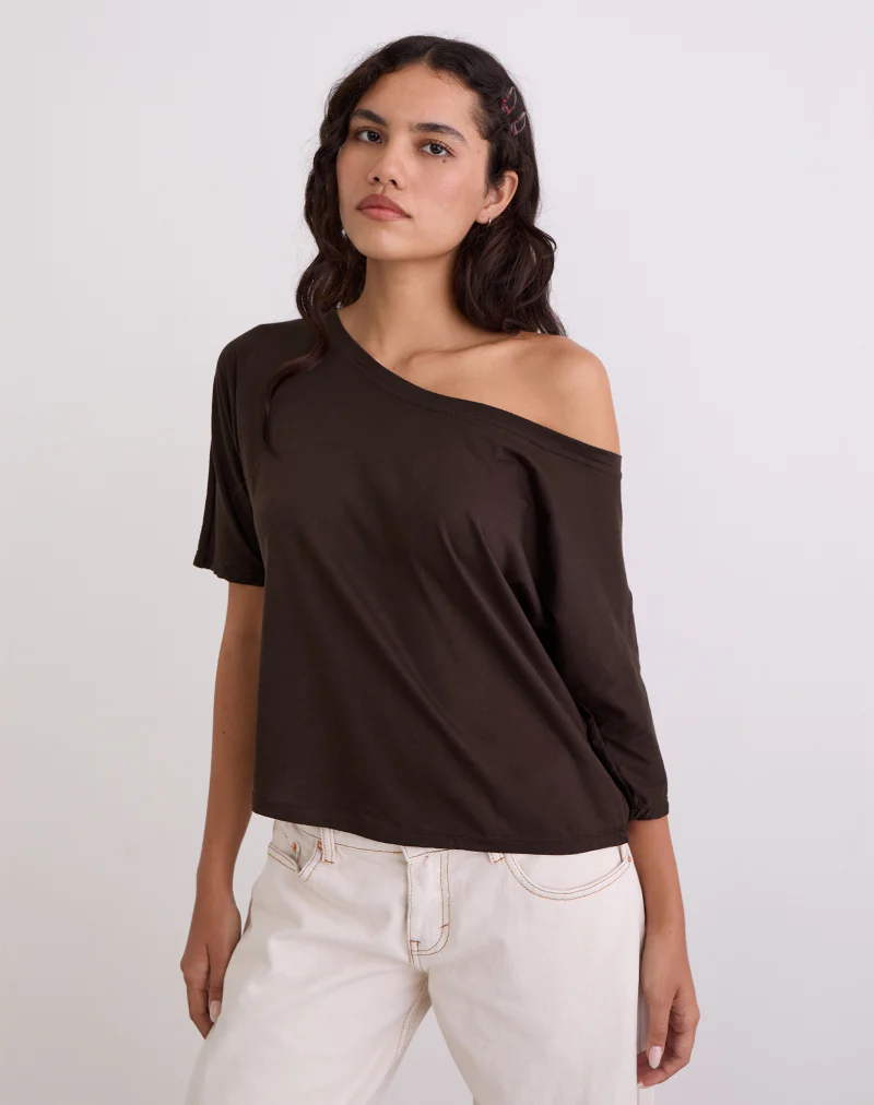 Daman Off Shoulder Basic Top in Chocolate Brown