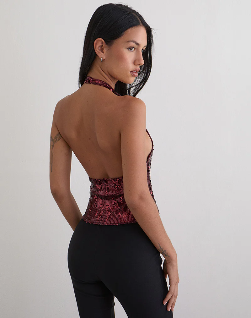 Cosio Halter Top in Mix Sequin Maroon