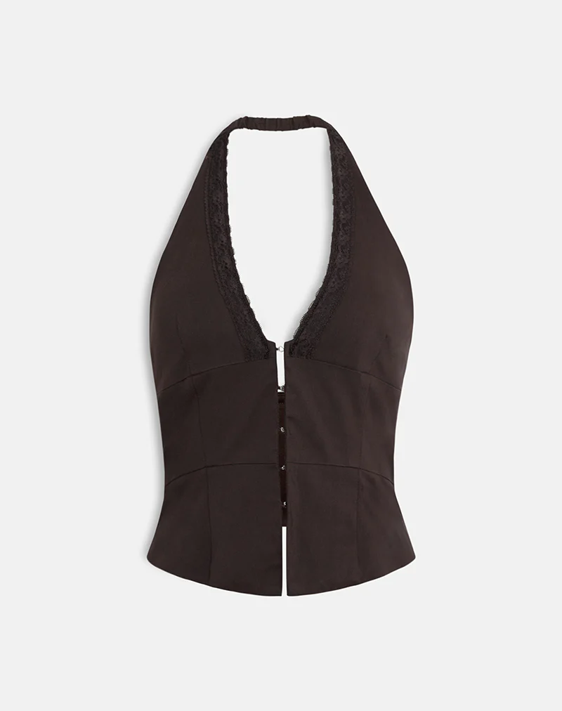 Ronin Top in Lace Trim Tailoring Brown