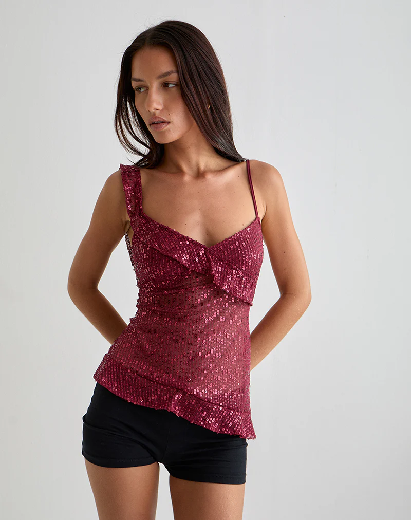 Iranila Asymmetric Top in Gauzy Sequin Red