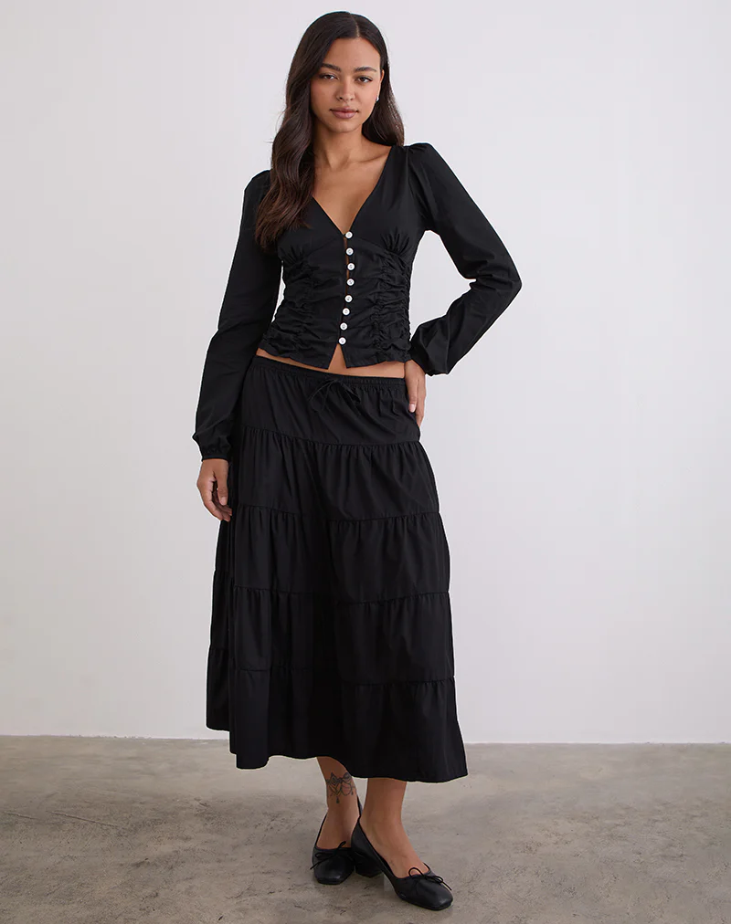 Kadek Fitted Plunge Blouse in Poplin Black