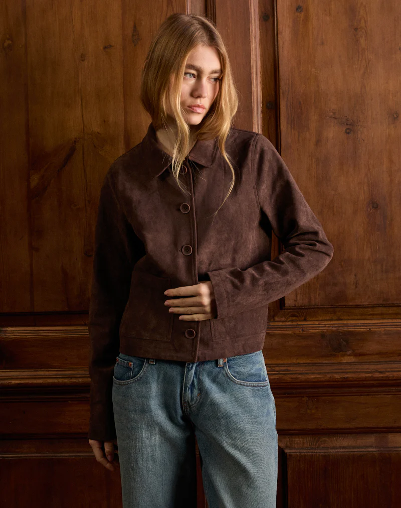 Quincy Faux Suede Cropped Jacket in Brown