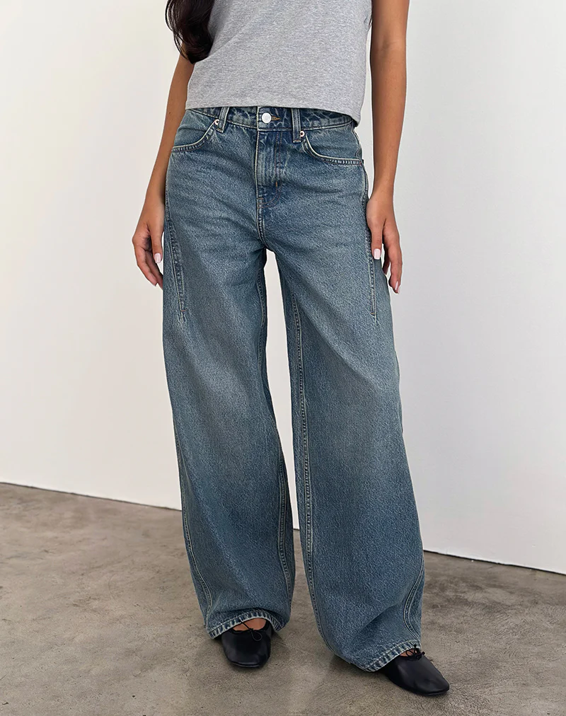 Low Slung Roomy Jeans in Vintage Blue Green