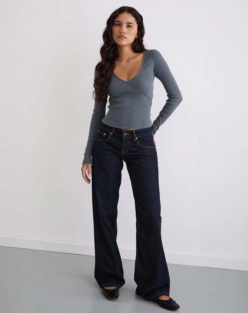 Dulcet Ribbed Plunge Long Sleeve Top in Blue Granite