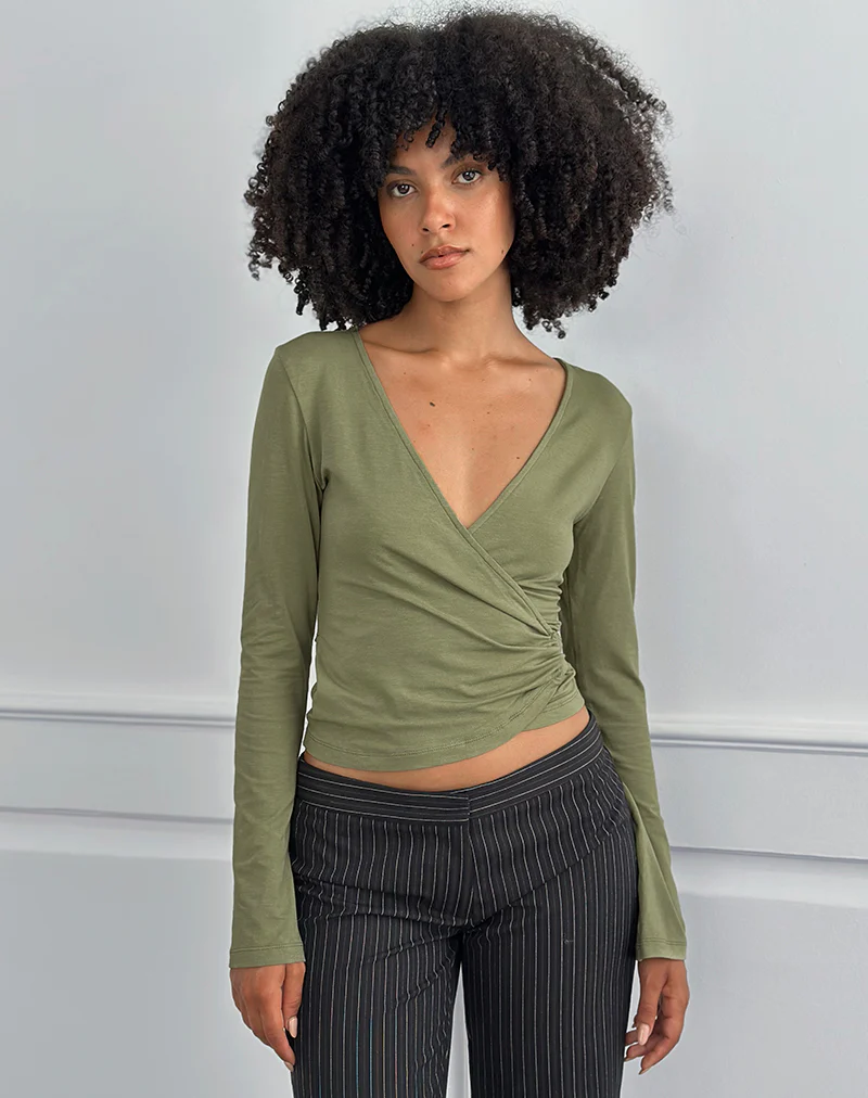 Kien Long Sleeve Wrap Top in Olive