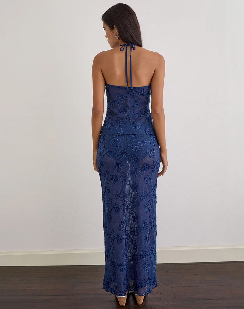 Ruwi Halter Top in Sequin Knit Navy