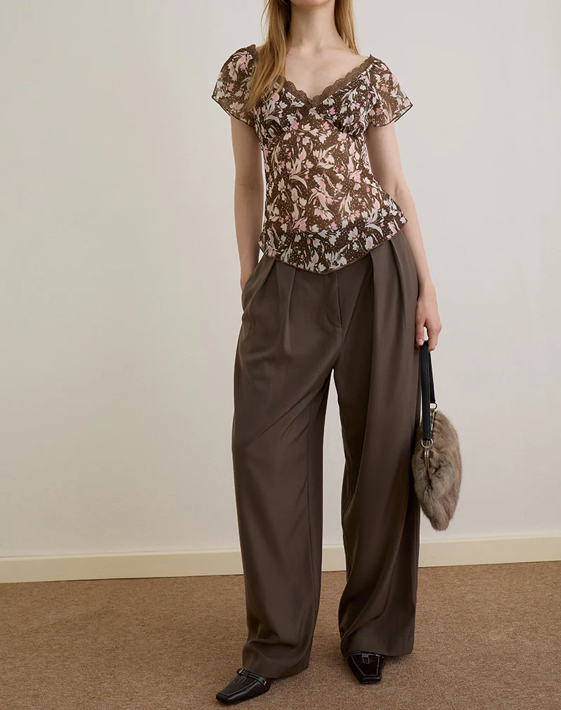 Misaki Top in Chiffon Polka Flower Brown