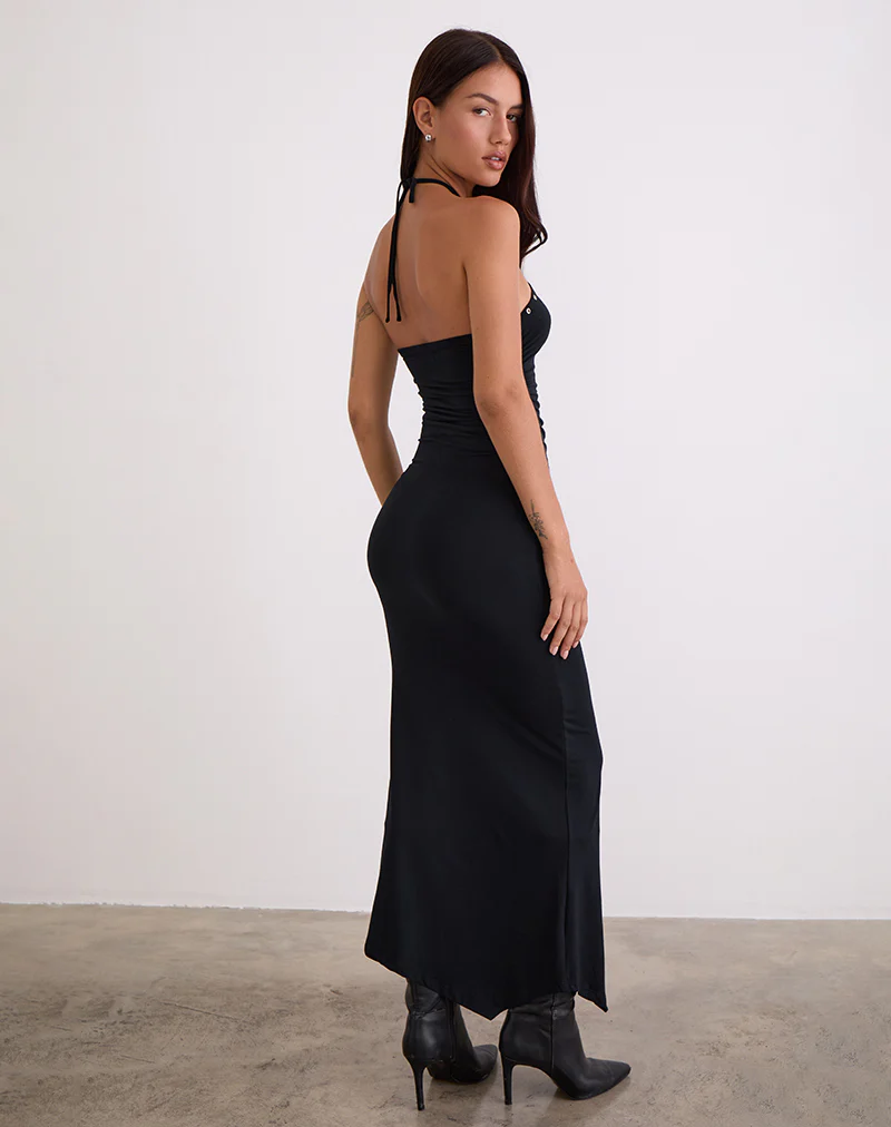 Ishikawa Asymmetrical Maxi Dress with Eyelets in Black