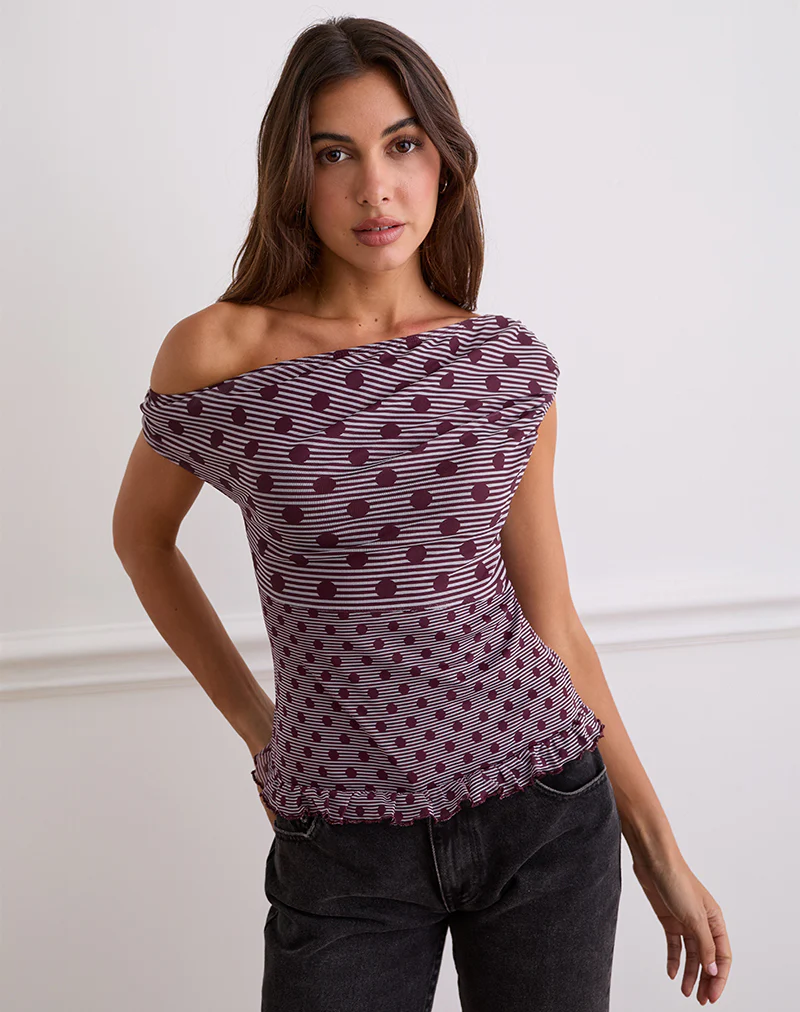 Tarya Asymmetric Top in Stripe Polka Plum