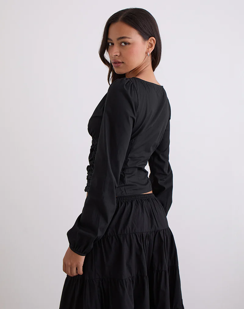 Kadek Fitted Plunge Blouse in Poplin Black