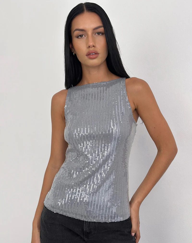 Damske Vest Top in Clear Tinted Sequin Grey